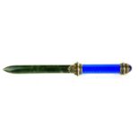 AN EARLY 20TH CENTURY RUSSIAN HALLMARKED SILVER AND BLUE ENAMELLED DESK LETTER OPENER The finial