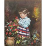 FRANCO RISPOLI, 1921 - 1989, ITALIAN, OIL ON CANVAS Young girl tending flowers, double gilt and