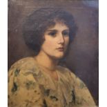 AN EARLY 20TH CENTURY OIL IN CANVAS, PORTRAIT OF A FEMALE FIGURE IN A FLORAL DRESS AND PEARL