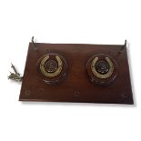 A LATE 19TH CENTURY MAHOGANY AND BRASS RECTANGULAR HORSE WHIP RACK With spherical holders to