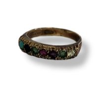 AN EARLY 20TH CENTURY 9CT GOLD AND GEM SET 'DEAREST' RING Set with diamond, emerald, amethyst,