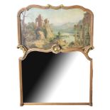 A LARGE LATE 19TH CENTURY FRENCH PINE AND PARCEL GILT TRUMEAU MIRROR With painted lakeside