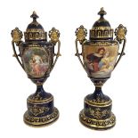 A NEAR PAIR OF EXCEPTIONALLY FINE 19TH CENTURY VIENNA JEWELLED PORCELAIN LIDDED URN AND COVERS,