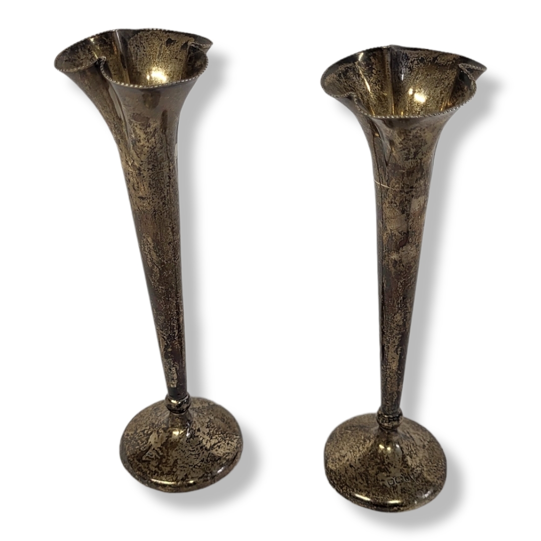 A PAIR OF EDWARDIAN SILVER TRUMPET VASES Having a flared top and circular base, hallmarked - Image 2 of 3