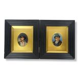 A PAIR OF 19TH CENTURY CONTINENTAL OVAL PORCELAIN MINIATURE PORTRAIT PAINTINGS On rich gilded