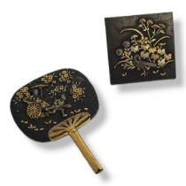 TWO LATE 19TH CENTURY JAPANESE MEIJI SHAKUDO BRONZE AND GOLD BROOCHES Fan form brooch with a