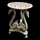 AN INDIAN PARCHIN KARI WHITE MARBLE AND FLORAL INLAID CHESS TABLE TOP Raised on a painted cast