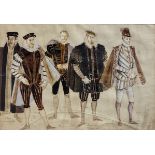 A MID 20TH CENTURY BRITISH THEATRE DESIGN WATERCOLOUR, INK AND PENCIL STUDY Four noblemen wearing