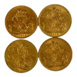 A COLLECTION OF FOUR EARLY 20TH CENTURY 22CT GOLD SOVEREIGN COINS Consecutive run, dated 1911, 1912,