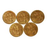 A COLLECTION OF FIVE EARLY 20TH CENTURY 22ct GOLD SOVEREIGN COINS, DATED 1913 With King George V