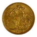 A VICTORIAN 22CT GOLD SOVEREIGN COIN, DATED 1889 With Queen Victorian Jubilee bust and George and