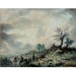 FOLLOWER OF PHILIPS WOUWERMAN, 1619 - 1668, A LARGE 18TH/19TH CENTURY WATERCOLOUR River landscape