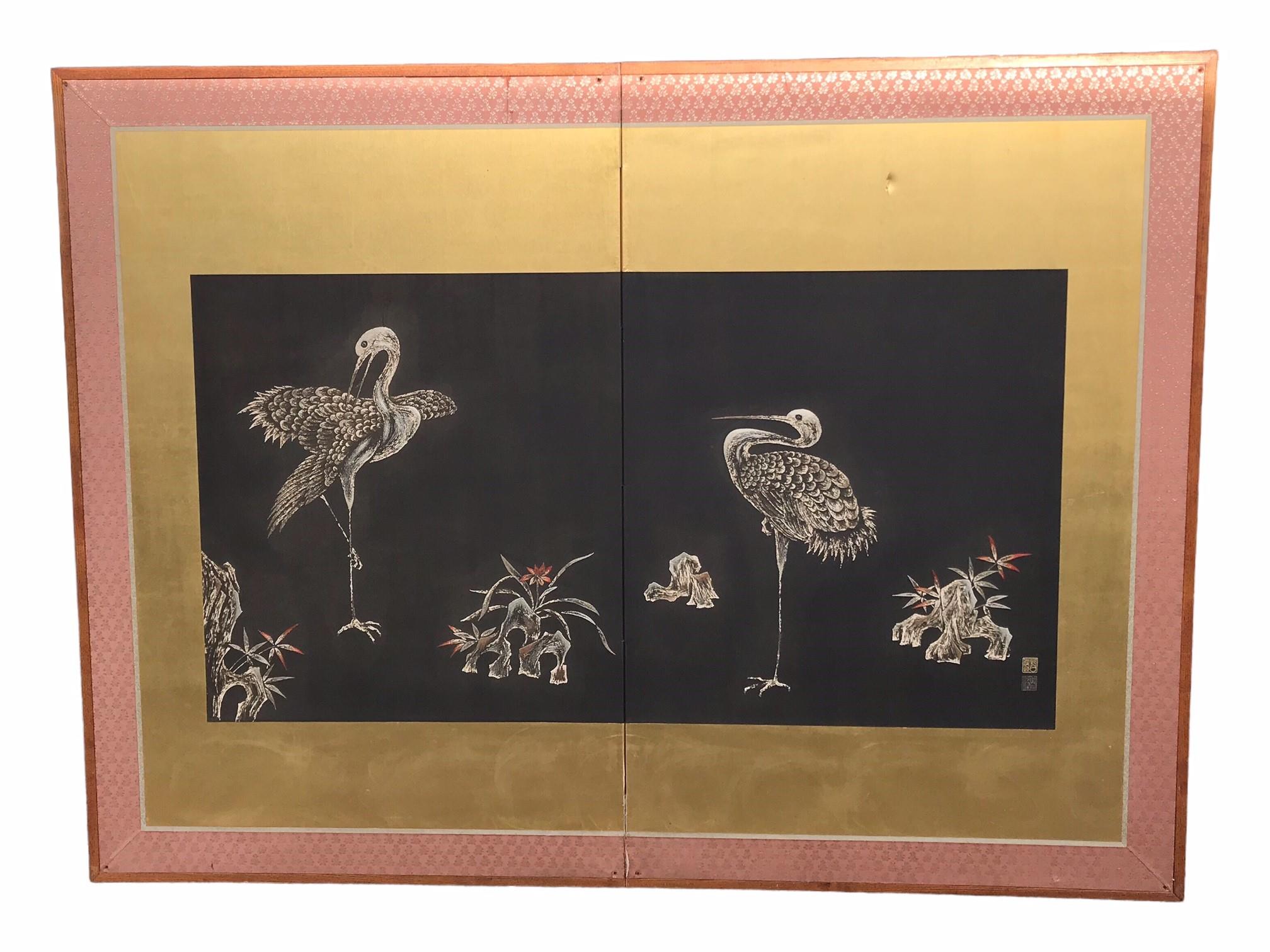 DAIHIKO KIMONO STUDIO, A MID 20TH CENTURY JAPANESE TWO FOLD SCREEN, DESIGNED BY SHINZO NOGUCHI