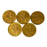 A COLLECTION OF FIVE EARLY 20TH CENTURY 22CT GOLD SOVEREIGN COINS Consecutive run dated 1927,