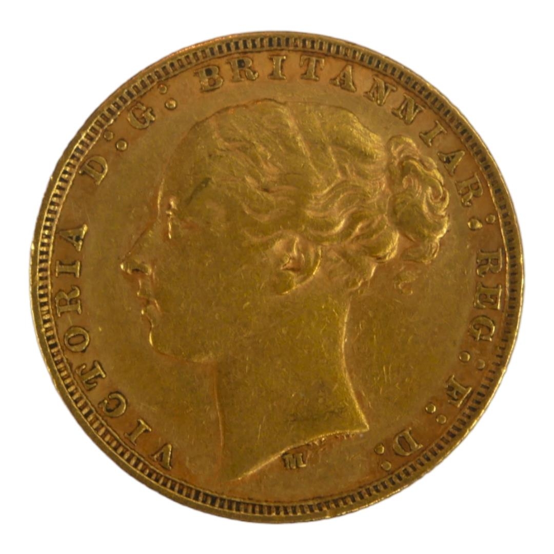 A VICTORIAN 22CT GOLD SOVEREIGN COIN, DATED 1879 With Young Queen Victoria bust and George and - Image 3 of 3