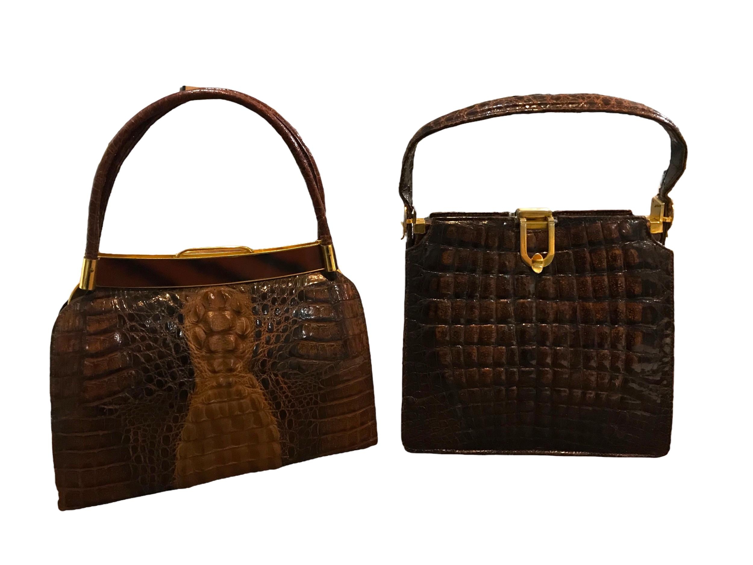 TWO VINTAGE CROCODILE SKIN HANDBAGS. (largest h 36cm x w 25cm x depth 7cm)