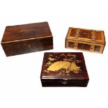 A COLLECTION OF THREE BOXES TO INCLUDE A 19TH CENTURY ROSEWOOD WRITING SLOPE Inlaid with the name ‘