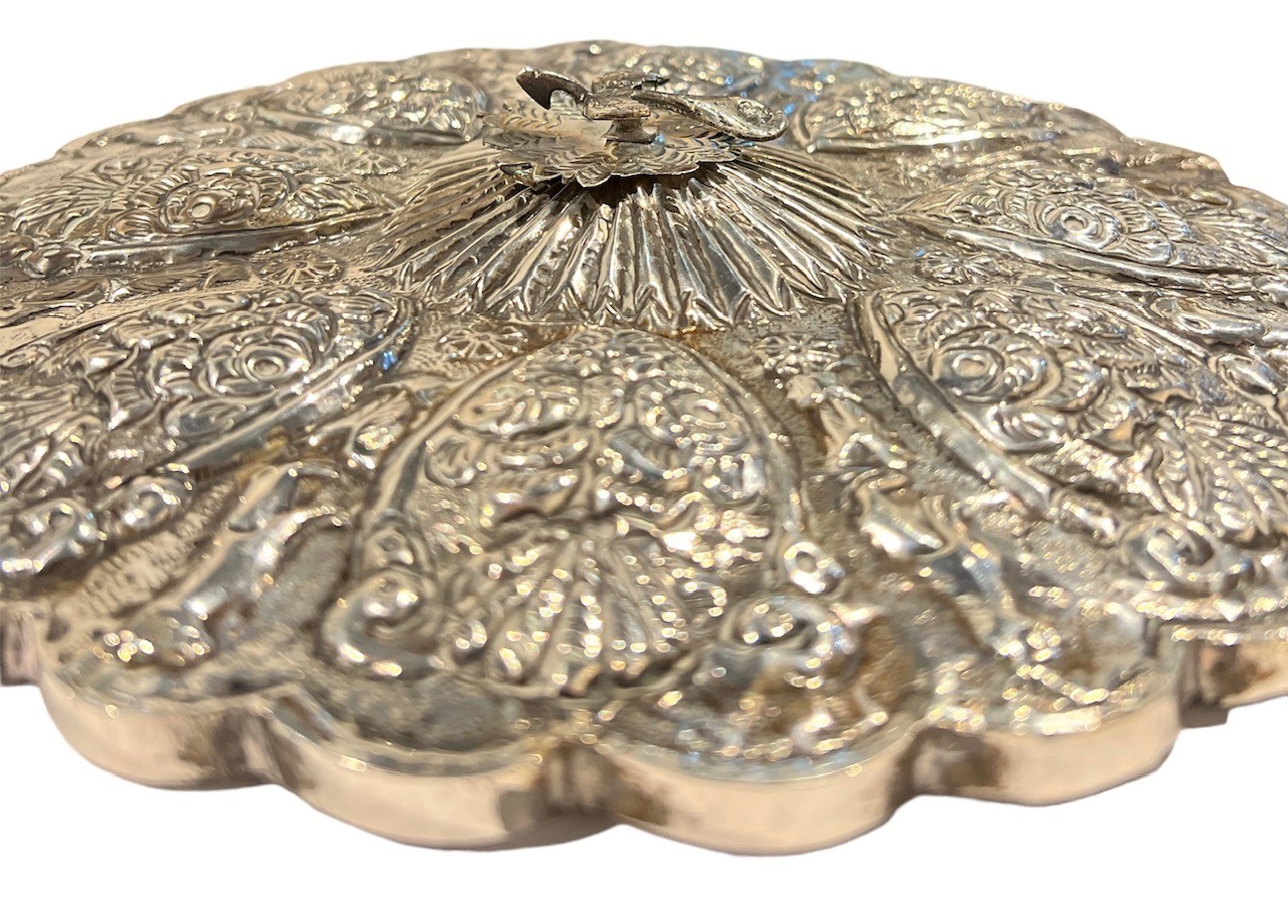 AN UNUSUAL 19TH CENTURY ISLAMIC POSSIBLY PERSIAN/IRANIAN SILVER MIRROR Having hallmarked bird finial - Image 2 of 4