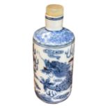 A CHINESE BLUE AND WHITE PORCELAIN CYLINDRICAL SCENT BOTTLE Having a jade top stopper, decorated