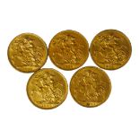 A COLLECTION OF FIVE EARLY 20TH CENTURY 22CT GOLD SOVEREIGN COINS Consecutive run, dated 1909, 1910,
