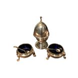 SOLOMON JOEL PHILLIPS, A PAIR OF GLASS LINED SILVER SALTS Together with a silver egg coddler and