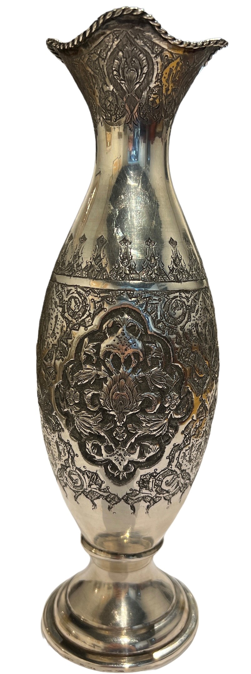 A 20TH CENTURY PERSIAN/IRANIAN SILVER VASE Having four floral chased relief panels surrounded by - Image 2 of 6