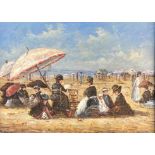 FOLLOWER OF EUGÈNE BOUDIN, OIL ON BOARD Summer beach scene with figures, framed. (sight 29cm x 39.