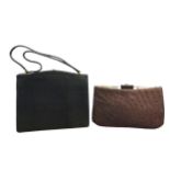 TWO VINTAGE OSTRICH LEATHER CLUTCH BAGS AND A LEATHER HANDBAG. (largest h 30cm x w 23cm x depth 6.