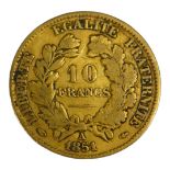 A 19TH CENTURY FRENCH 22CT GOLD TEN FRANC COIN, DATED 1851 With Napoleon III bust and laurel