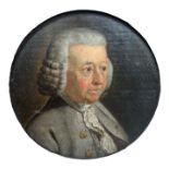 AN 18TH CENTURY CONTINENTAL CIRCULAR OIL ON OAK PANEL, PORTRAIT OF A GENTLEMAN, FRAMED. (sight 8.