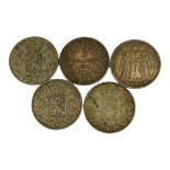 A COLLECTION OF FIVE 19TH CENTURY FRENCH SILVER FIVE FRANC COINS Three with Leopold II bust dated