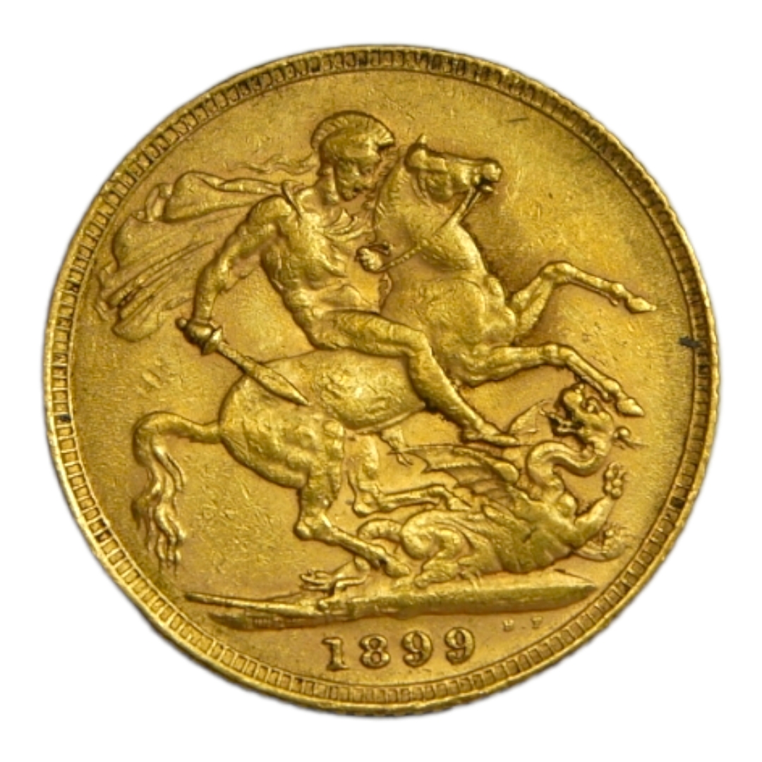 A VICTORIAN 22CT GOLD SOVEREIGN COIN, DATED 1899 Queen Victorian widow bust and George and Dragon to