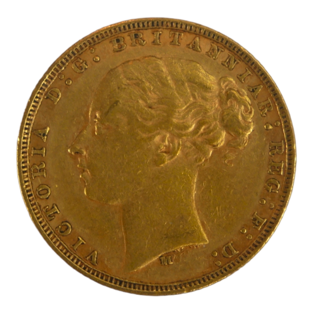 A VICTORIAN 22CT GOLD SOVEREIGN COIN, DATED 1879 With Young Queen Victoria bust and George and - Image 2 of 3