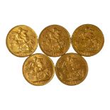 A COLLECTION OF FIVE EDWARDIAN 22CT GOLD SOVEREIGN COINS, DATED 1906, 1907, 1908, 1909 AND 1910 With