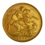 AN EDWARDIAN 22CT GOLD SOVEREIGN COIN, DATED 1909 With King Edward VII bust and George and Dragon to