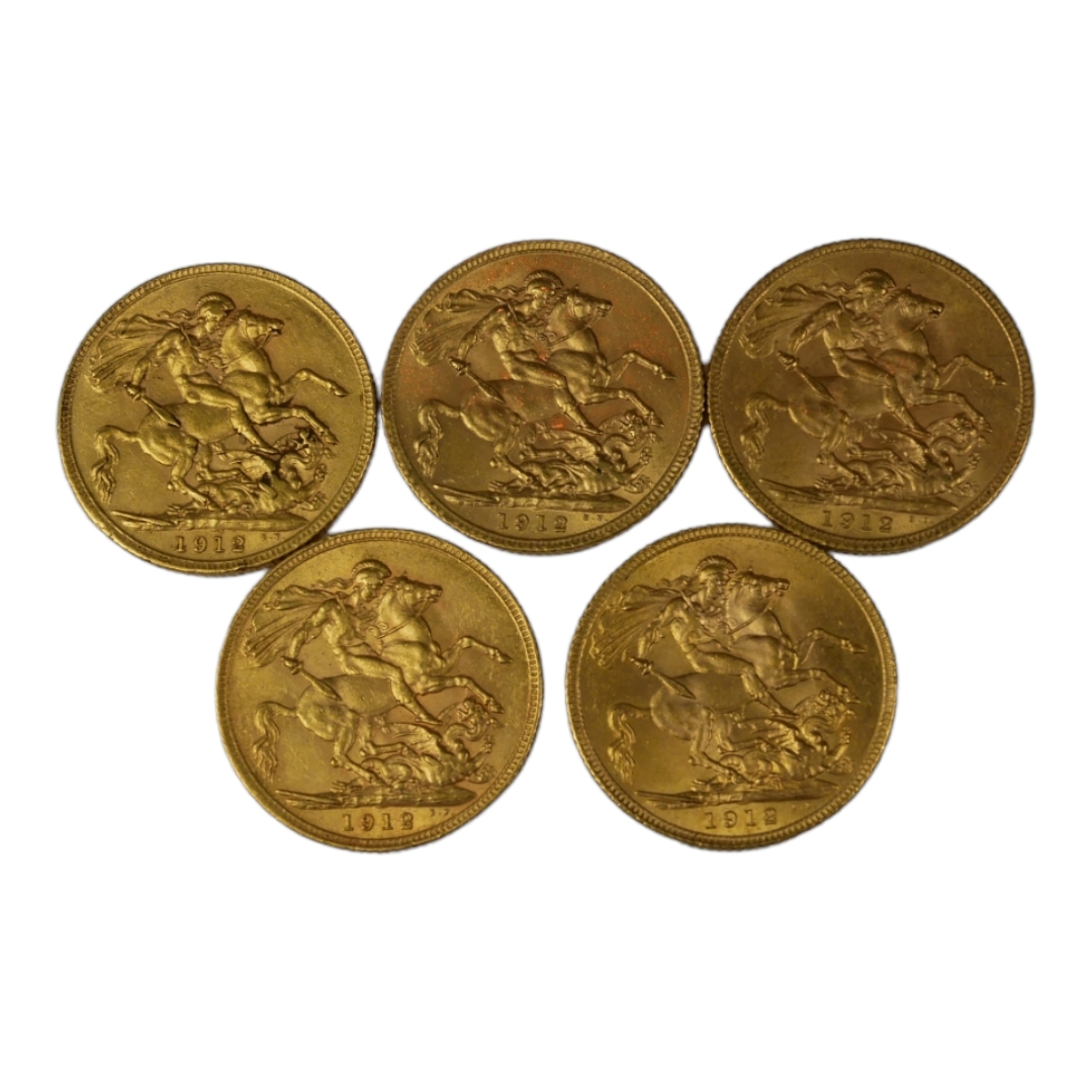 A COLLECTION OF FIVE EARLY 20TH CENTURY 22ct GOLD SOVEREIGN COINS, DATED 1912 With King George V