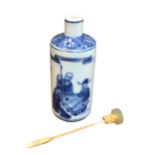 A CHINESE BLUE AND WHITE PORCELAIN CYLINDRICAL SCENT BOTTLE Having a jade top stopper, decorated