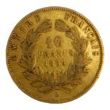 A 19TH CENTURY FRENCH 22CT GOLD TEN FRANC COIN, DATED 1856 With Napoleon III bust and laurel