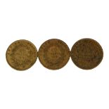 A COLLECTION OF THREE 19TH CENTURY FRENCH 22CT GOLD TEN FRANC COINS, DATED 1859, 1858 AND 1856