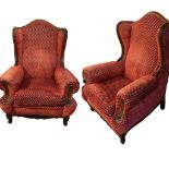 A PAIR OF FRENCH LOUIS XVI DESIGN CARVED WOOD AND UPHOLSTERED WINGBACK ARMCHAIRS Raised on