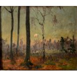 AN EARLY 20TH CENTURY FRENCH IMPRESSIONIST OIL ON BOARD, WOODED SUNSET LANDSCAPE Bearing label verso
