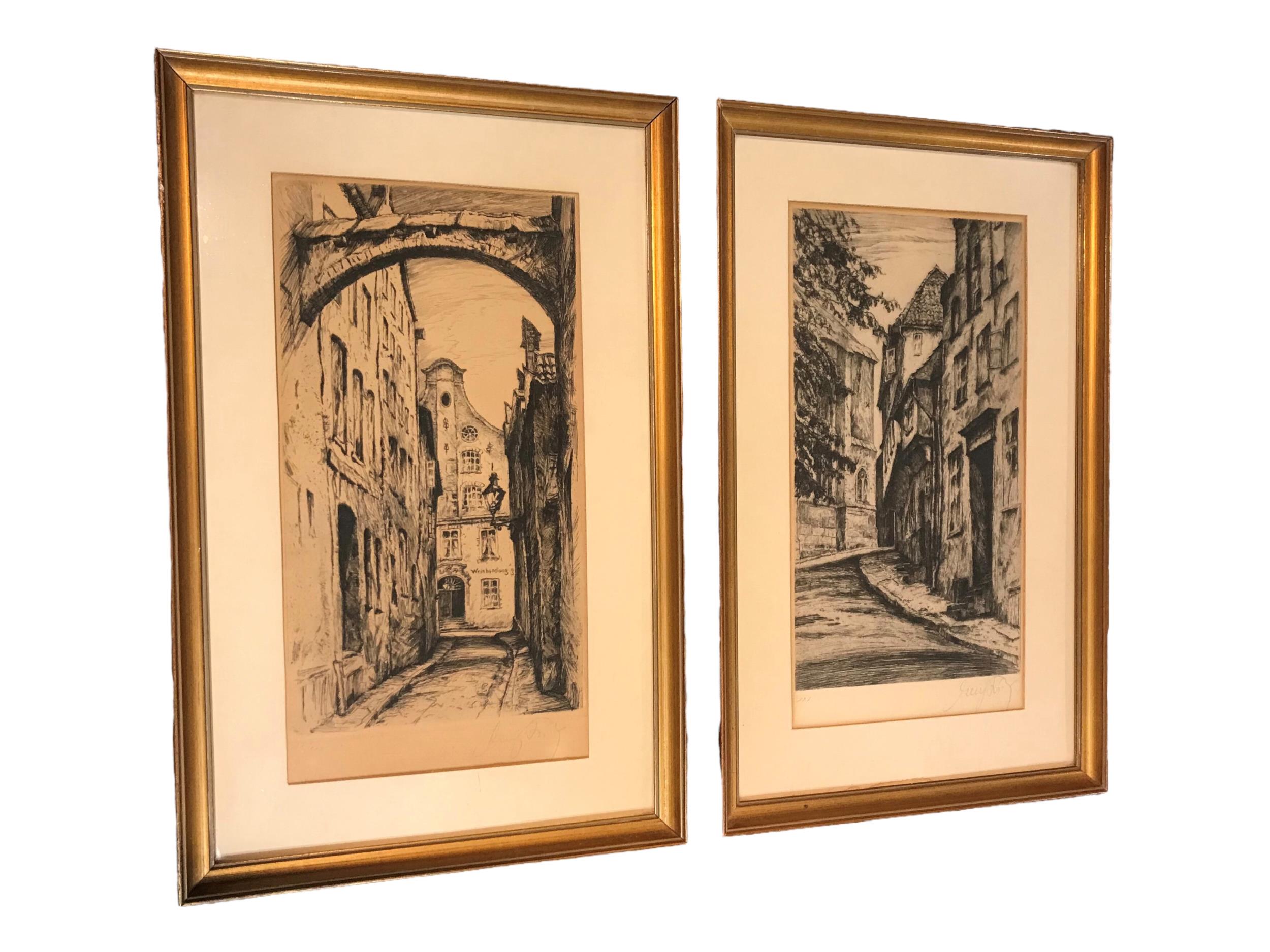 A PAIR OF 19TH CENTURY GERMAN ETCHINGS DEPICTING STREET VIEWS Both numbered 158/200 and 121 to lower