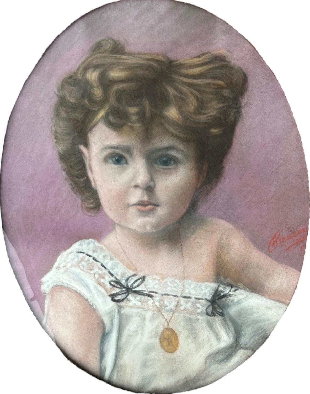 A 20TH CENTURY OVAL PASTEL PORTRAIT OF A YOUNG GIRL Indistinctly signed lower right, held in a - Image 2 of 5