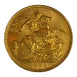 AN EDWARDIAN 22CT GOLD SOVEREIGN COIN, DATED 1909 With King Edward VII bust and George and Dragon to