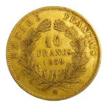 A 19TH CENTURY FRENCH 22CT GOLD TEN FRANC COIN, DATED 1859 With Napoleon III bust and laurel