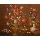 17TH CENTURY CONTINENTAL OIL ON CANVAS, STILL LIFE, FLOWERS IN AN URN AND PORCELAIN BOTTLE VASE WITH