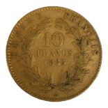 A 19TH CENTURY FRENCH 22CT GOLD TEN FRANC COIN, DATED 1863 With Napoleon III bust and laurel