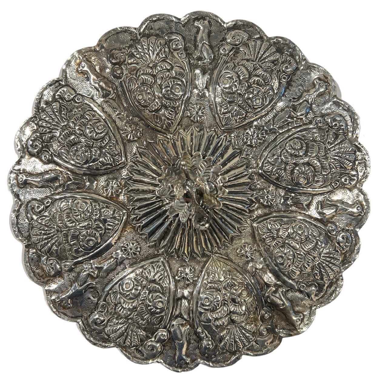 AN UNUSUAL 19TH CENTURY ISLAMIC POSSIBLY PERSIAN/IRANIAN SILVER MIRROR Having hallmarked bird finial