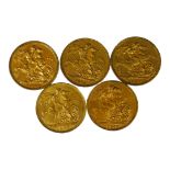 A COLLECTION OF FIVE 22CT GOLD SOVEREIGN COINS Consecutive years dated 1889, 1890, 1891, 1892 and