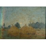 A 20TH CENTURY CONTINENTAL IMPRESSIONIST OIL ON BOARD, SUNSET LANDSCAPE With trees Hay Bales, signed